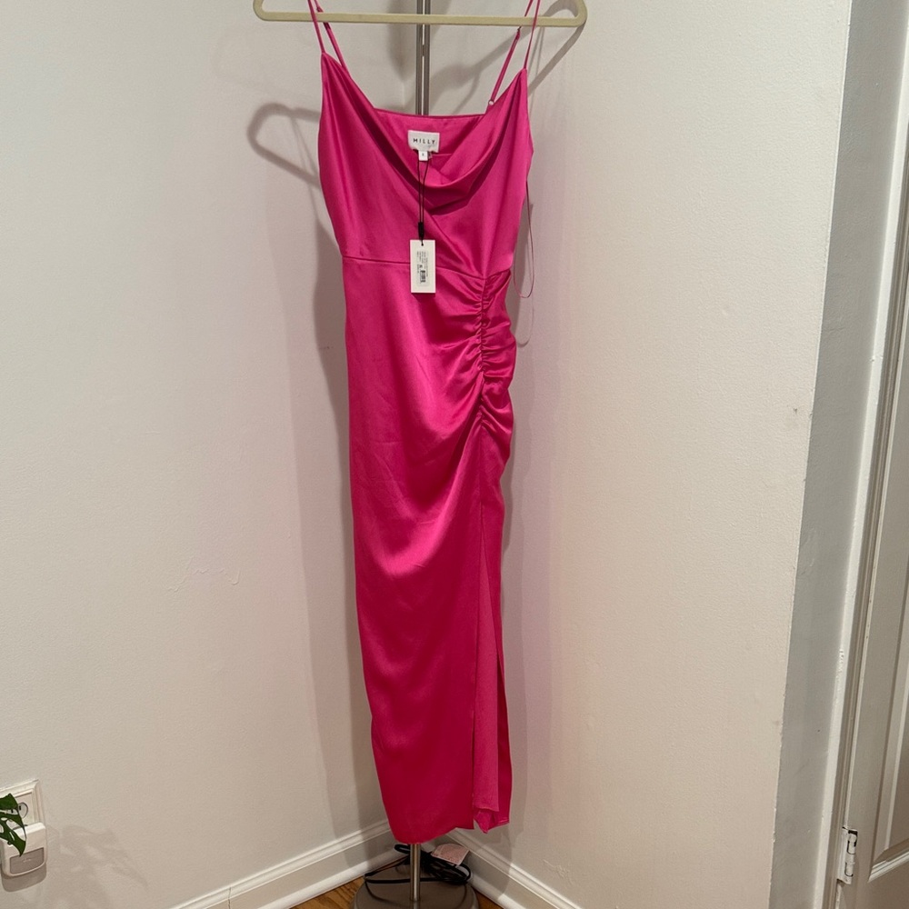 Milly hot Pink Ruched Midi Dress